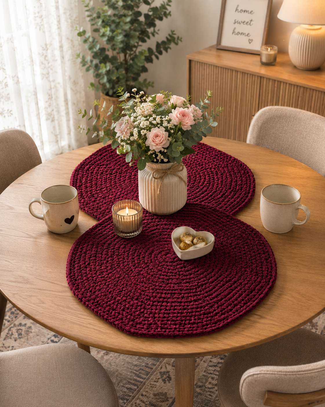 Set of two handcrafted burgundy crochet table mats made from soft velvet chenille yarn displayed on a light background with decorative greenery
