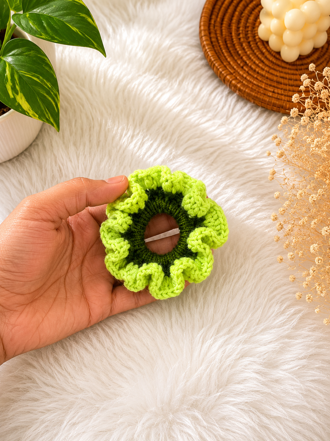 Handmade dual-tone lime green Bloom Crochet Scrunchie featuring layered crochet ruffles and floral-inspired detailing by The Hook Project.