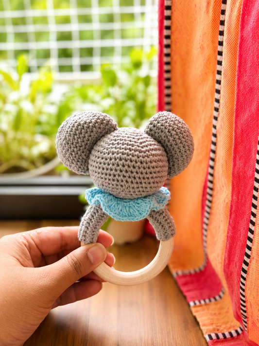 Gannu the crochet elephant wooden teether and rattle in grey and blue