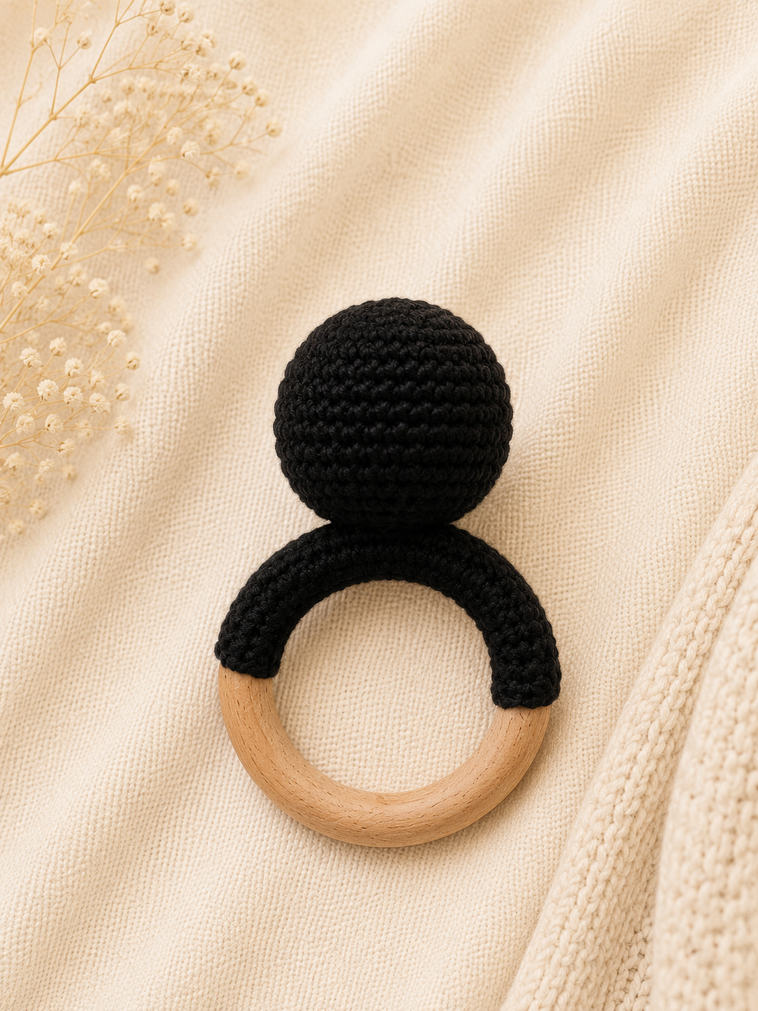 Pippo the Crochet Puffin handmade baby teether and rattle with natural wooden ring