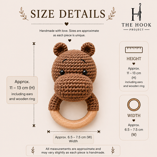 Size details of Hugo the Crochet Hippo handmade baby teether and rattle with natural wooden ring
