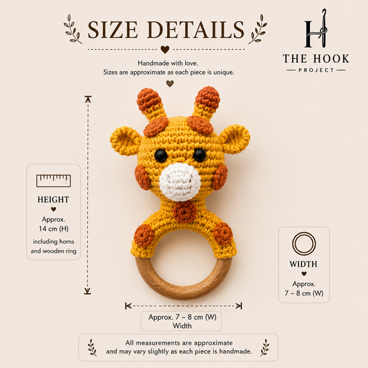 Size details of Pico the Crochet Giraffe handmade baby teether and rattle with natural wooden ring