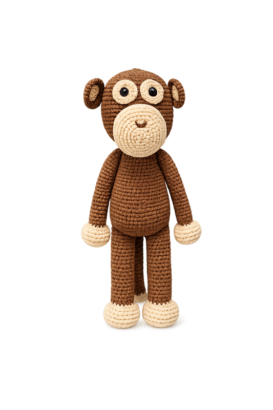 Handcrafted brown crochet monkey plush toy with long limbs and soft cotton yarn detailing on a clean white background.