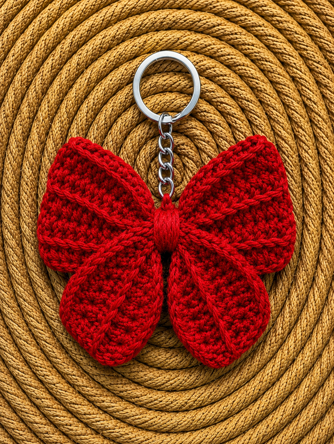 Bright red crochet bow keychain handmade with detailed crochet stitches and silver keyring, a charming accessory for bags and keys.