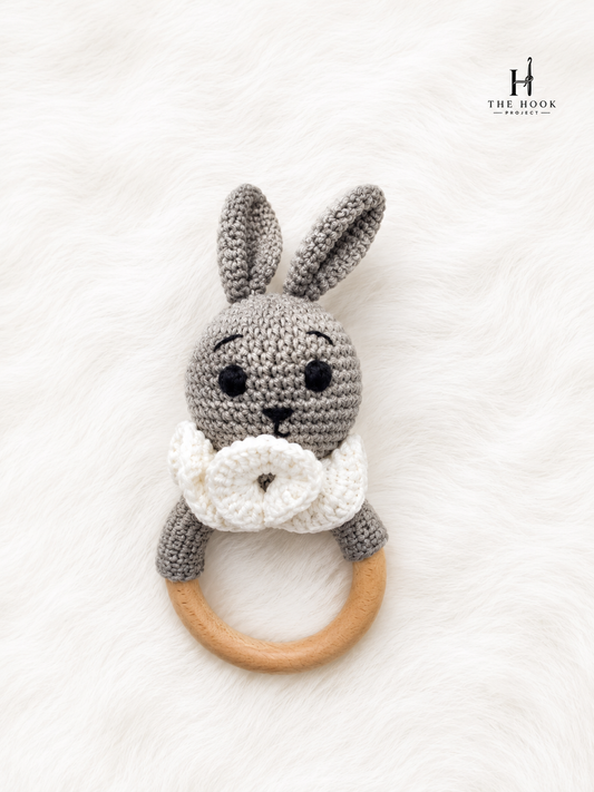 Crochet Bunny Wooden Teether Rattle – Grey