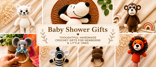 Handmade crochet baby shower gifts including amigurumi toys, teethers, rattles and finger puppets for newborns and little ones.