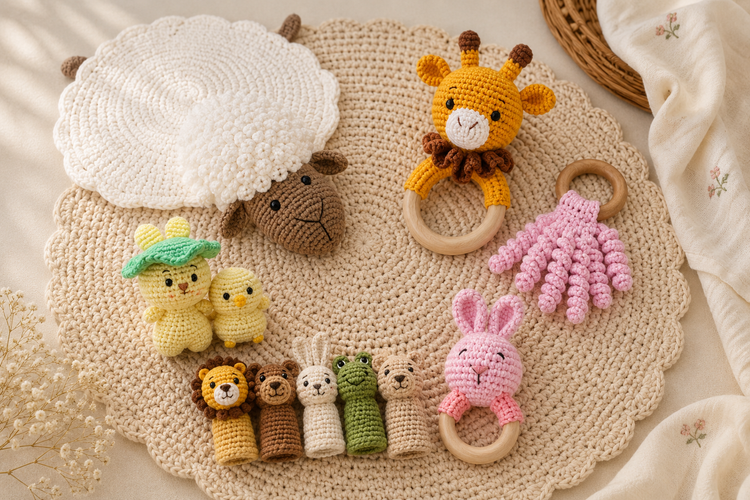 Handmade crochet baby gifts including a sheep rug, amigurumi toys, crochet teethers and animal finger puppets in neutral pastel tones.
