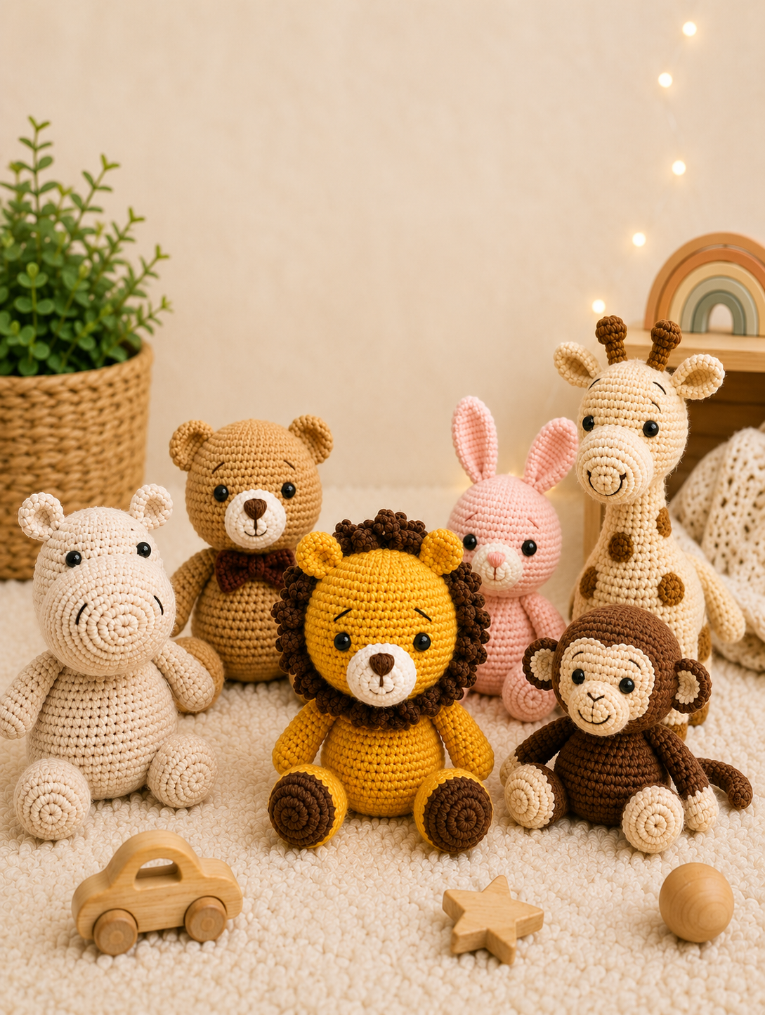 A collection of handmade crochet animal plush toys including a hippo, teddy bear, lion, bunny, monkey, and giraffe, arranged on a soft cream rug in a cozy nursery-inspired setting with warm lighting and wooden toys.