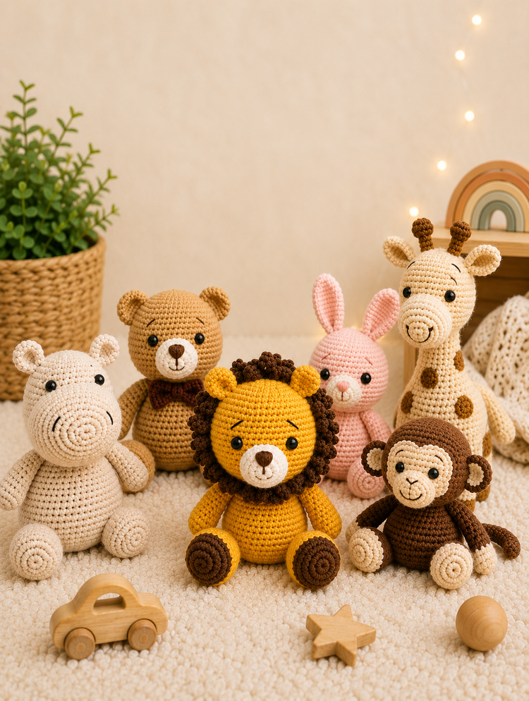 A collection of handmade crochet animal plush toys including a hippo, teddy bear, lion, bunny, monkey, and giraffe, arranged on a soft cream rug in a cozy nursery-inspired setting with warm lighting and wooden toys.
