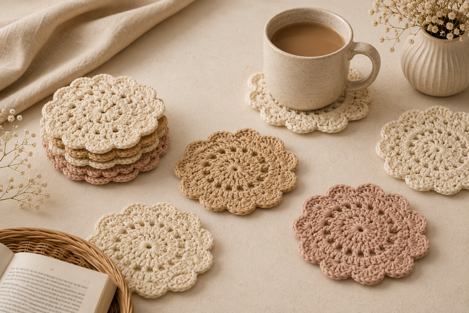 Handcrafted crochet home décor collection featuring table mats, doilies, crochet flowers, and decorative handmade accents for modern interiors