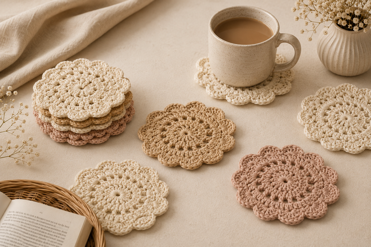 Handcrafted crochet home décor collection featuring table mats, doilies, crochet flowers, and decorative handmade accents for modern interiors