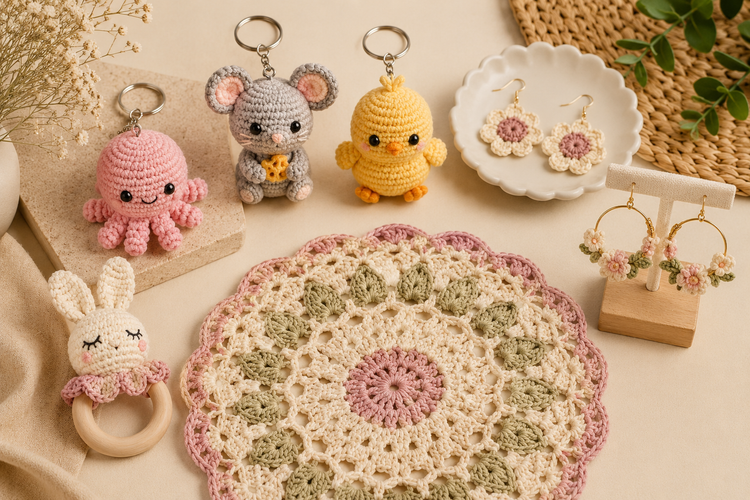 Best-selling handmade crochet products including keychains, earrings, baby gifts, home décor, and accessories by The Hook Project