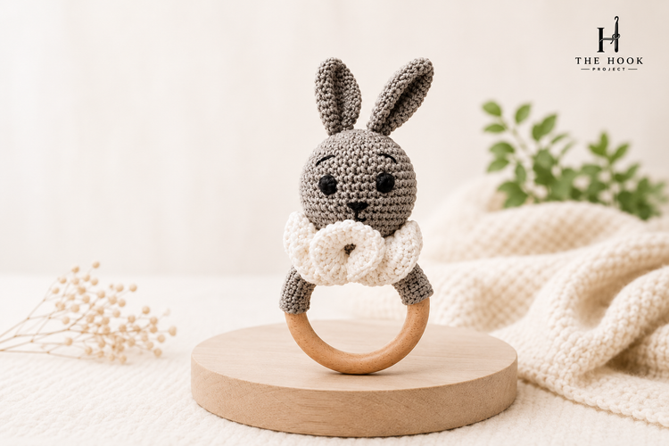 Handmade crochet teethers and rattles crafted with soft cotton yarn and natural wooden elements for babies by The Hook Project.