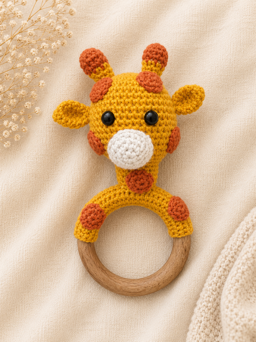Pico the Crochet Giraffe handmade baby teether and rattle with natural wooden ring