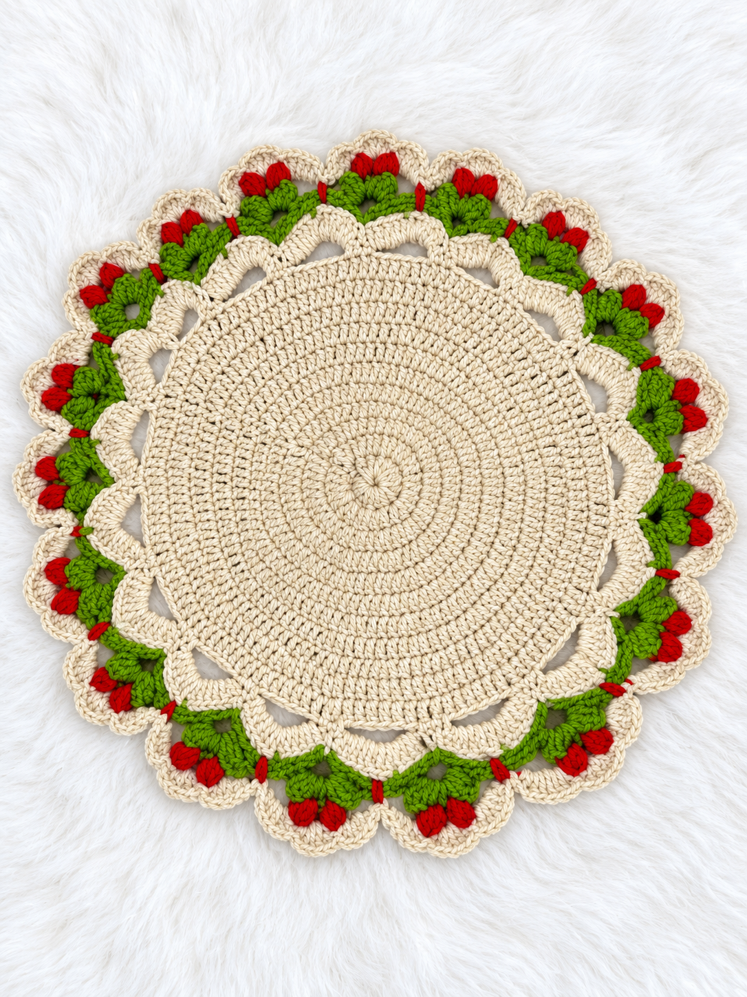 Vanya ivory crochet thaal paros with a round centre, scalloped border, green leaf-like crochet details and red floral accents for Diwali pooja décor.