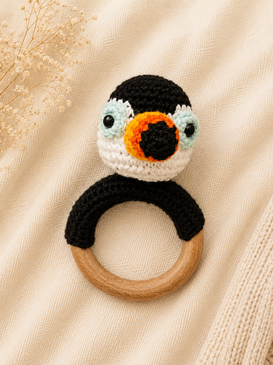 Pippo the Crochet Puffin handmade baby teether and rattle with natural wooden ring