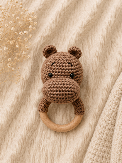 Hugo the Crochet Hippo handmade baby teether and rattle with natural wooden ring