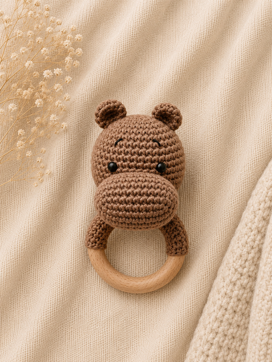 Hugo the Crochet Hippo handmade baby teether and rattle with natural wooden ring