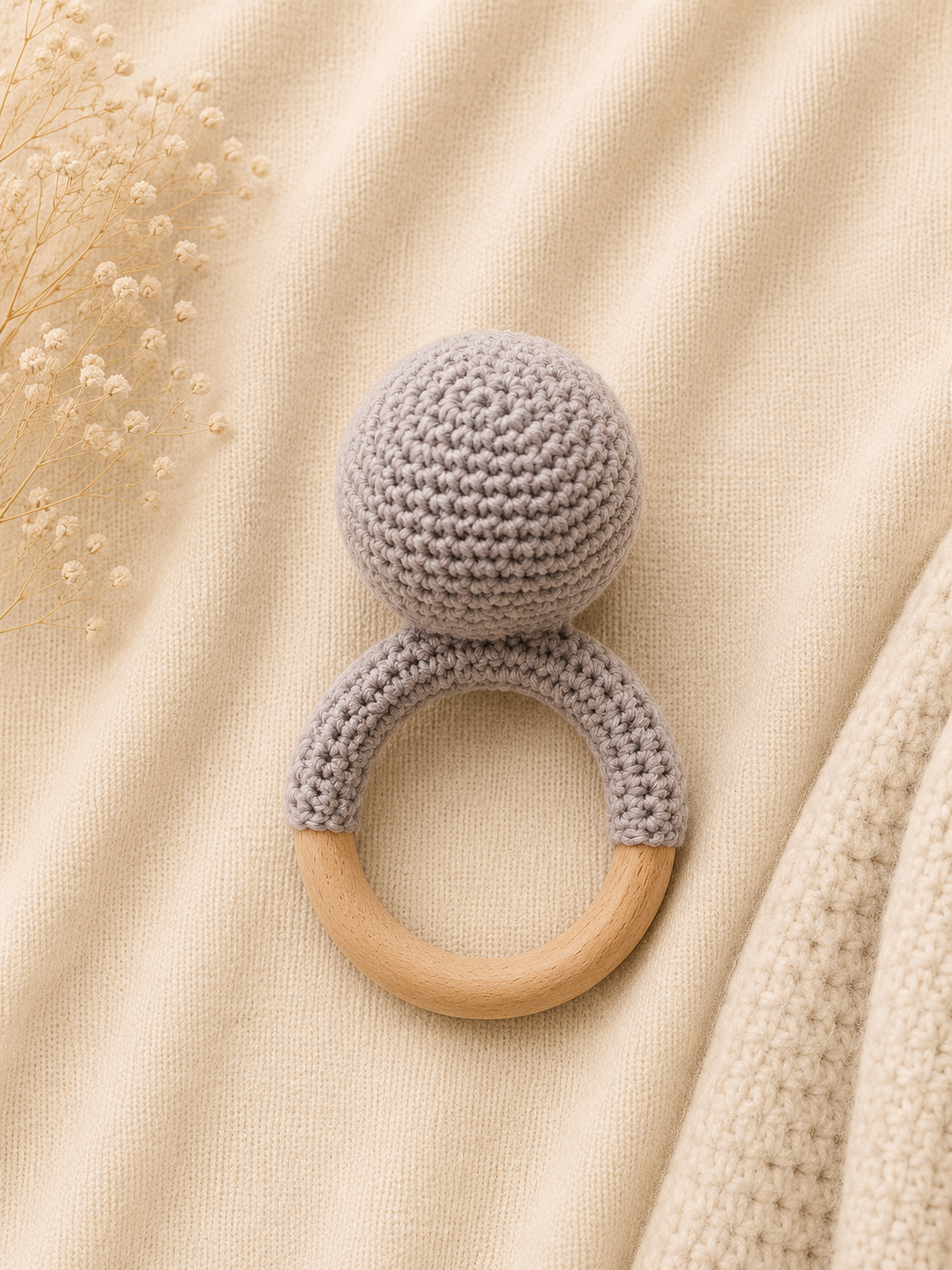 Pingu the Crochet Penguin handmade baby teether and rattle with natural wooden ring