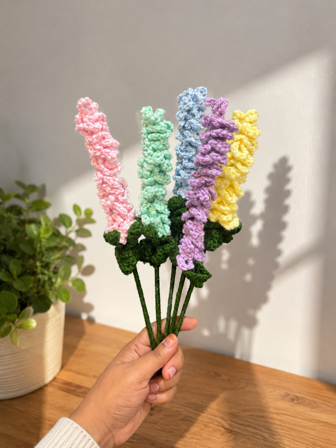 Pastel crochet snapdragon bouquet set of 5 handmade flowers in pink, mint, blue, lavender, and yellow, everlasting floral décor and gift by The Hook Project.