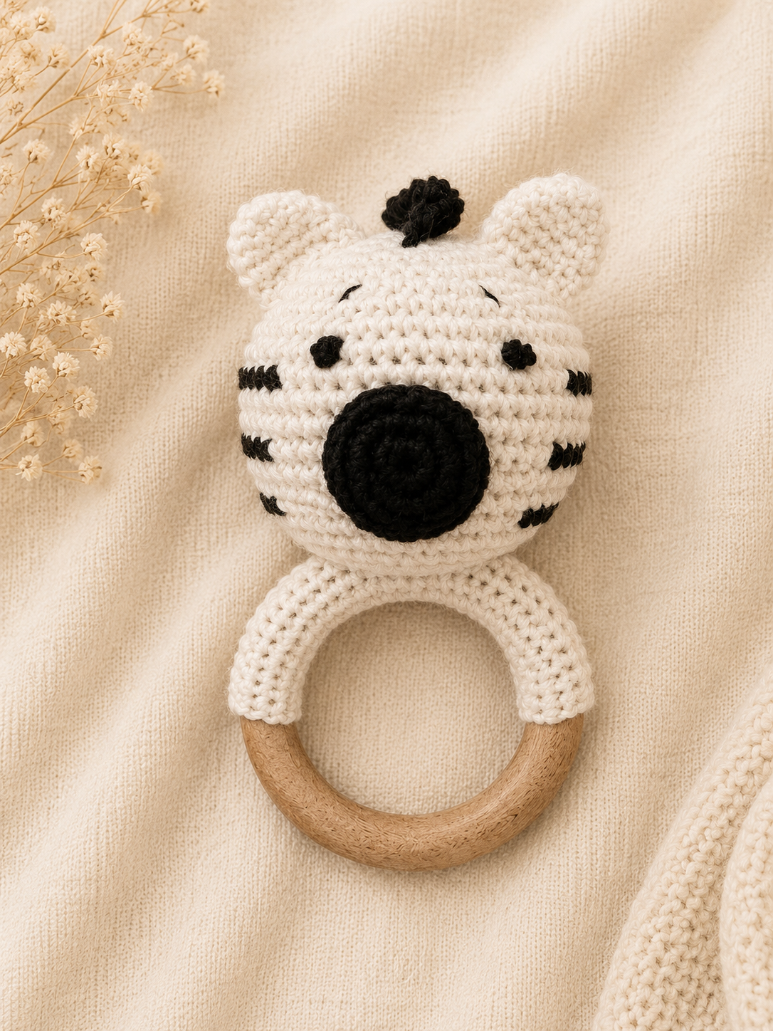 Zuzu the Crochet Zebra handmade baby teether and rattle with natural wooden ring