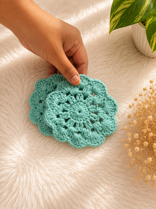 Handmade mint green floral crochet coaster set crafted from premium cotton yarn, designed for table protection and home décor by The Hook Project.