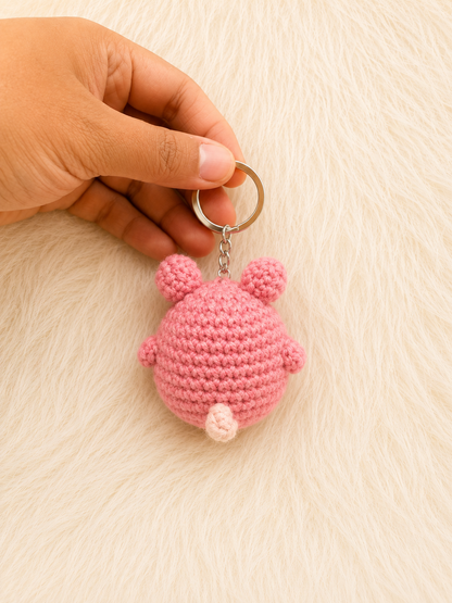 Handcrafted crochet chick keychain in pink and blush cotton yarn with metal keyring, handmade character accessory by The Hook Project