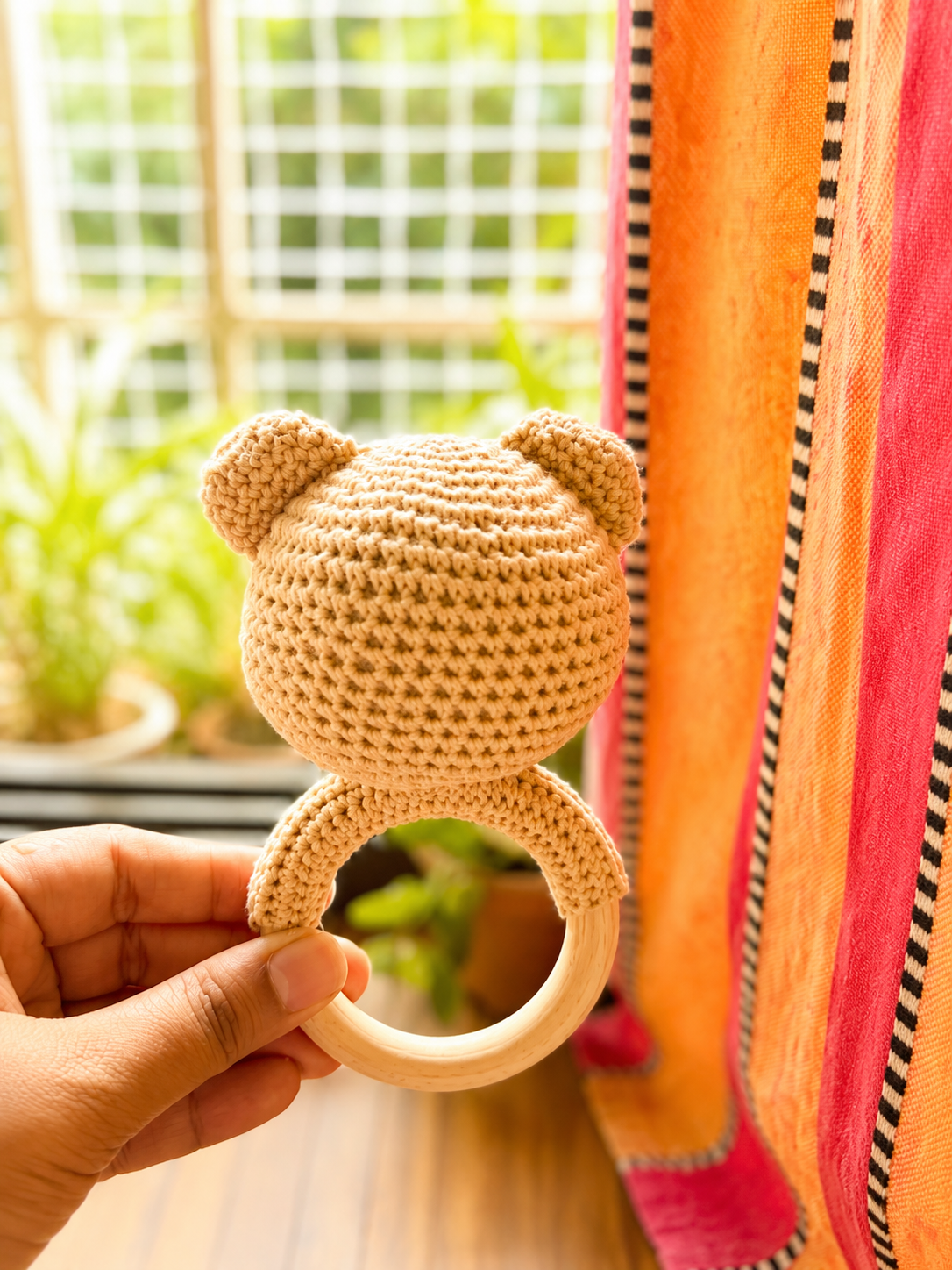 Handmade crochet bear baby rattle & teether with natural wooden ring