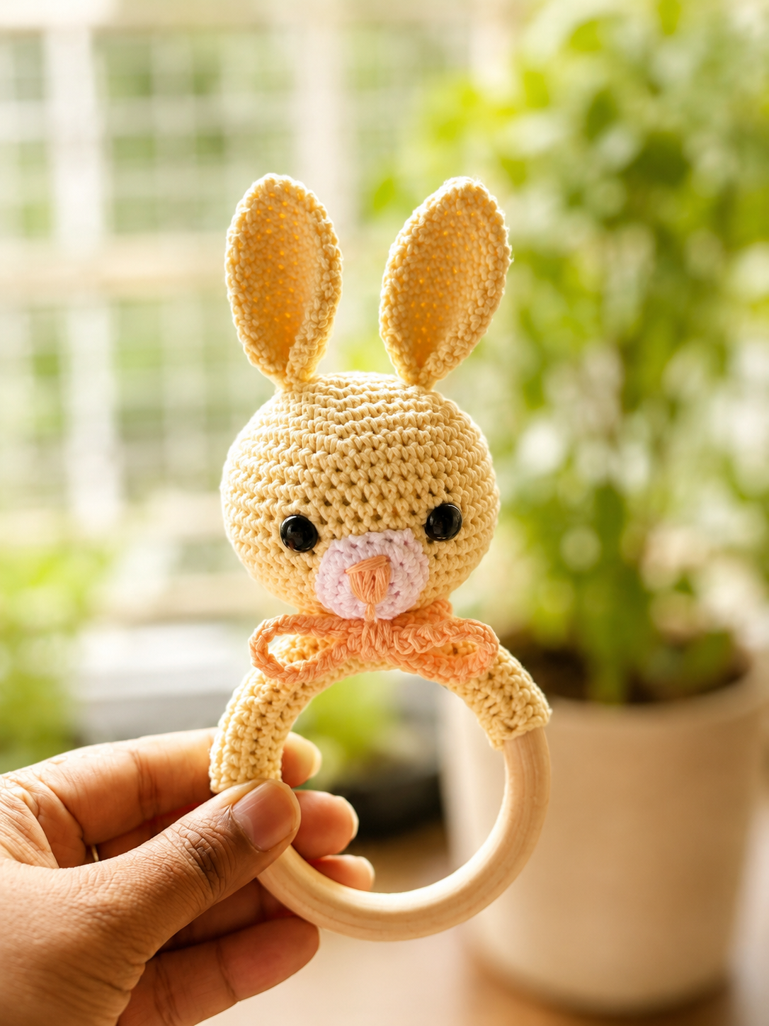Handmade crochet bunny baby rattle & teether with natural wooden ring