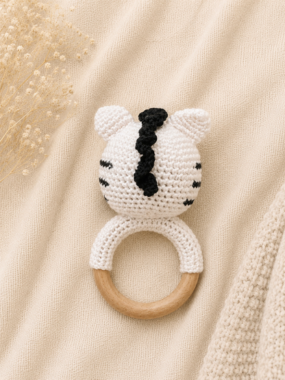 Zuzu the Crochet Zebra handmade baby teether and rattle with natural wooden ring
