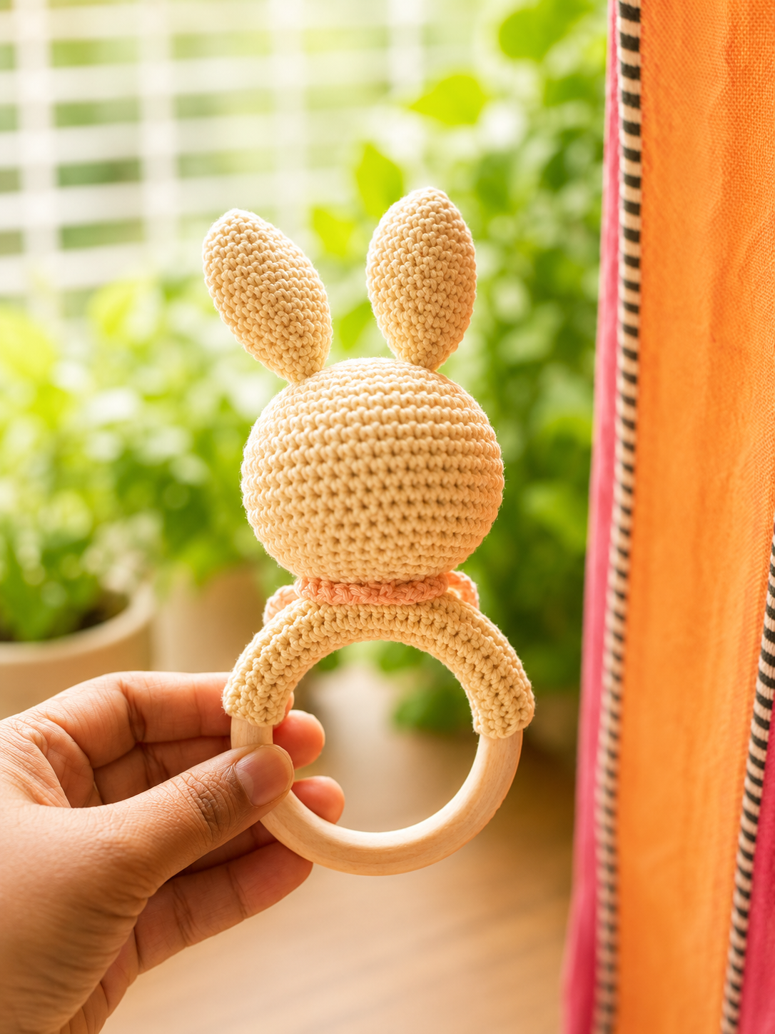Handmade crochet bunny baby rattle & teether with natural wooden ring