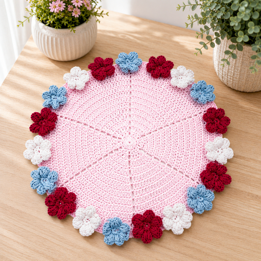 Handcrafted blush pink crochet doily with red, white, and blue floral border accents displayed as a decorative table centerpiece