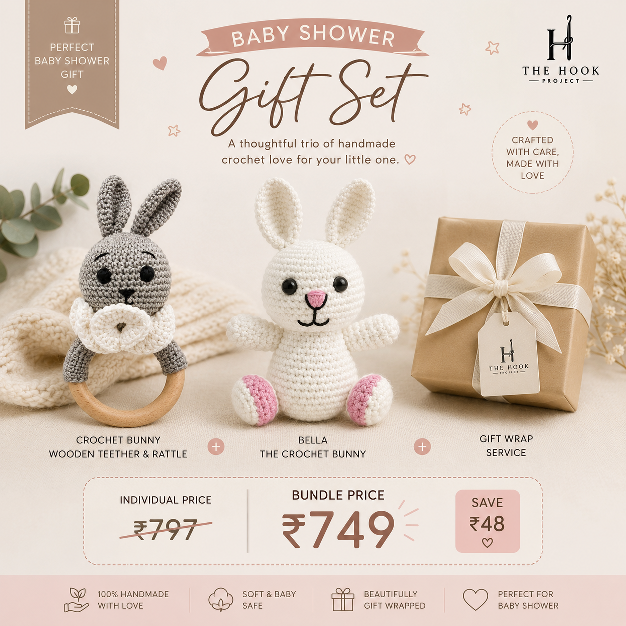 Handmade crochet bunny baby shower gift set with bunny teether, rattle, plush toy and gift wrapping.
