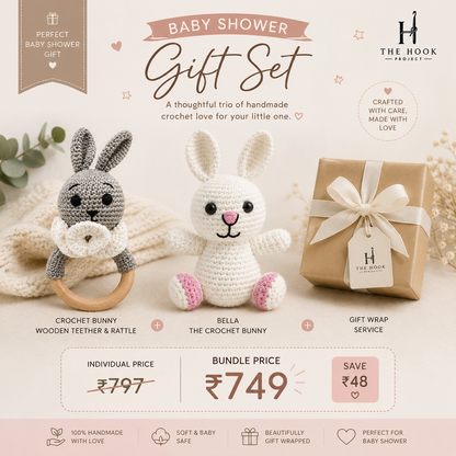 Handmade crochet bunny baby shower gift set with bunny teether, rattle, plush toy and gift wrapping.