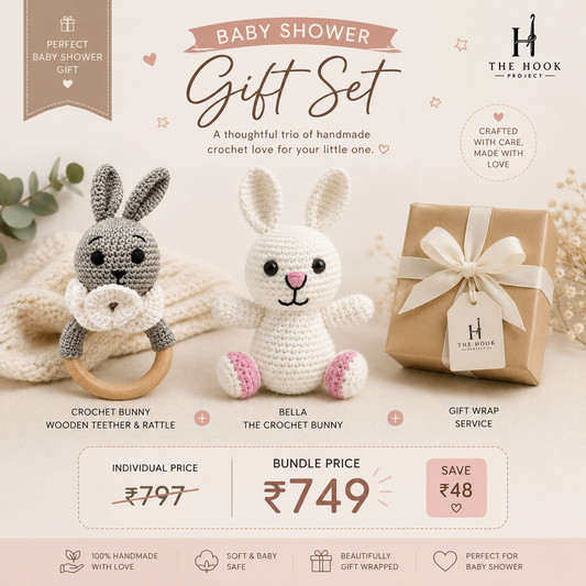 Handmade crochet bunny baby shower gift set with bunny teether, rattle, plush toy and gift wrapping.