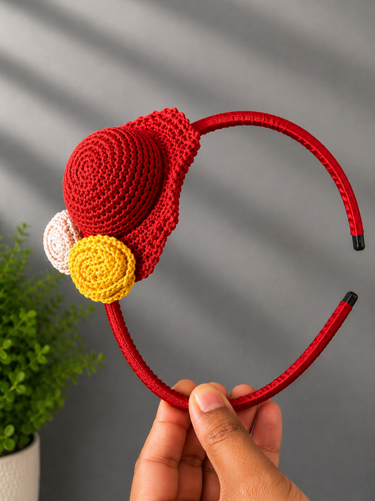 Handmade ruby red crochet hat headband with yellow and ivory floral accents on a satin-wrapped headband, displayed against a neutral background.