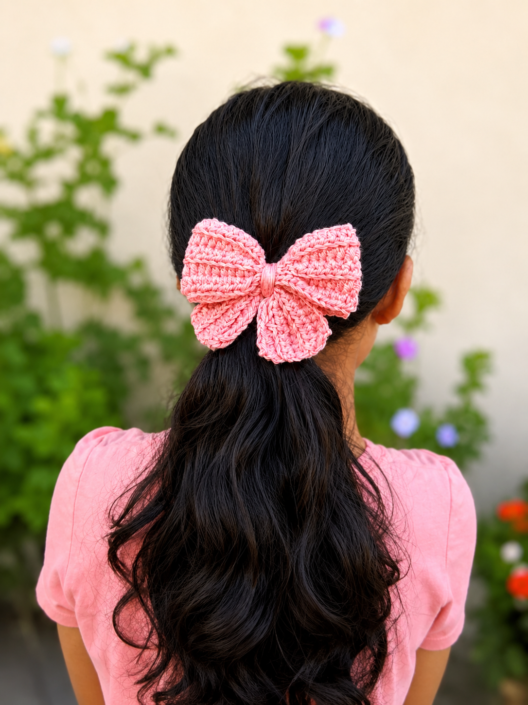 Handmade blush pink crochet bow hair clip displayed on a low ponytail with a soft floral background.