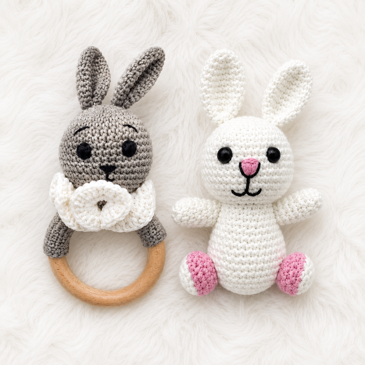 Handmade crochet bunny baby shower gift set with bunny teether, rattle, plush toy and gift wrapping.
