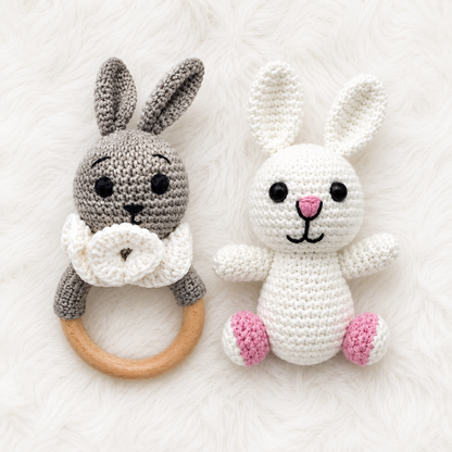Handmade crochet bunny baby shower gift set with bunny teether, rattle, plush toy and gift wrapping.