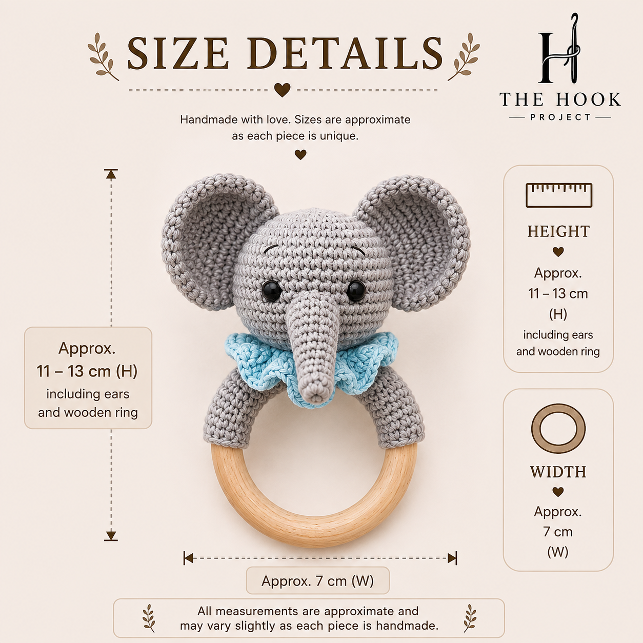 Size details of Gannu the crochet elephant wooden teether and rattle in grey and blue
