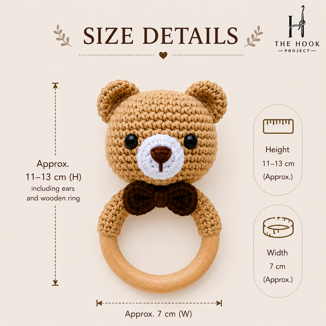 Size details of a handmade crochet bear baby teether & rattle with natural wooden ring