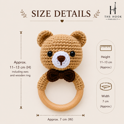 Size details of a handmade crochet bear baby teether & rattle with natural wooden ring