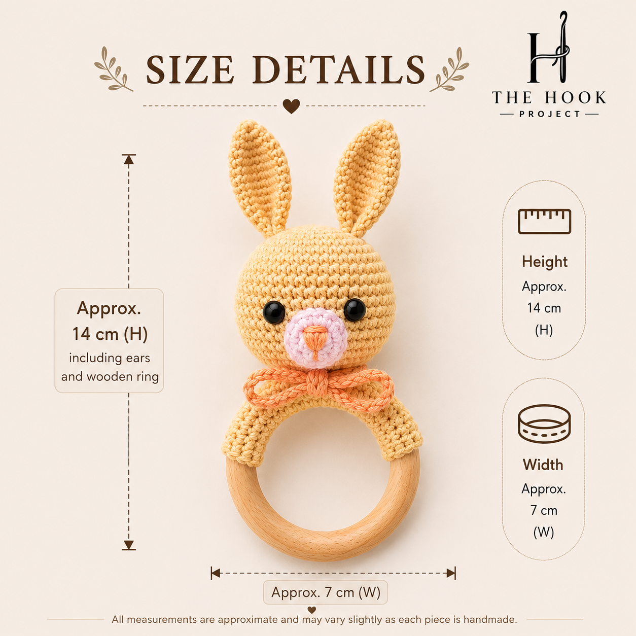 Size details of a handmade crochet bunny baby rattle & teether with natural wooden ring