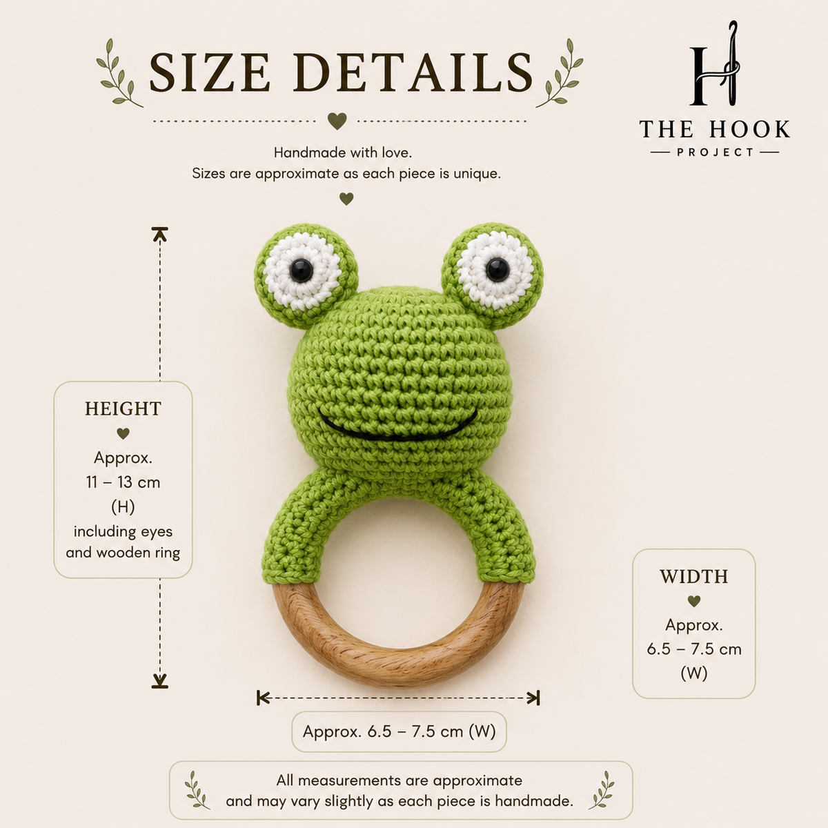 Size details of Finn the crochet frog wooden teether and rattle handmade baby toy by The Hook Project