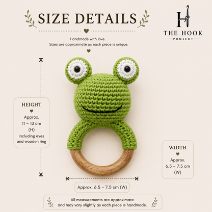 Size details of Finn the crochet frog wooden teether and rattle handmade baby toy by The Hook Project