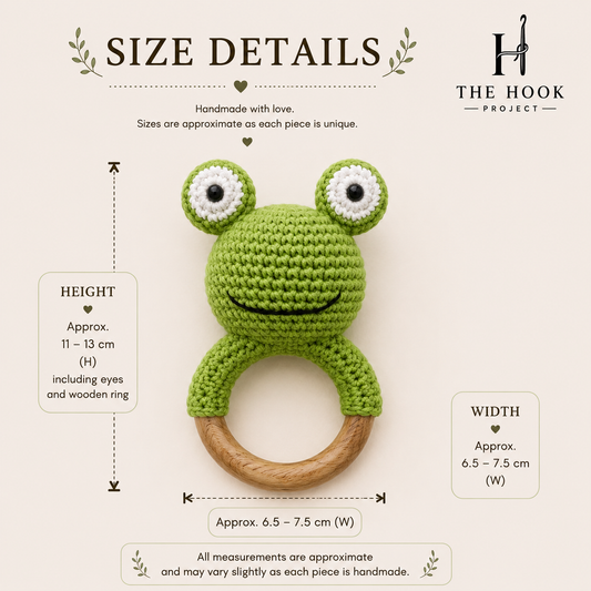 Size details of Finn the crochet frog wooden teether and rattle handmade baby toy by The Hook Project