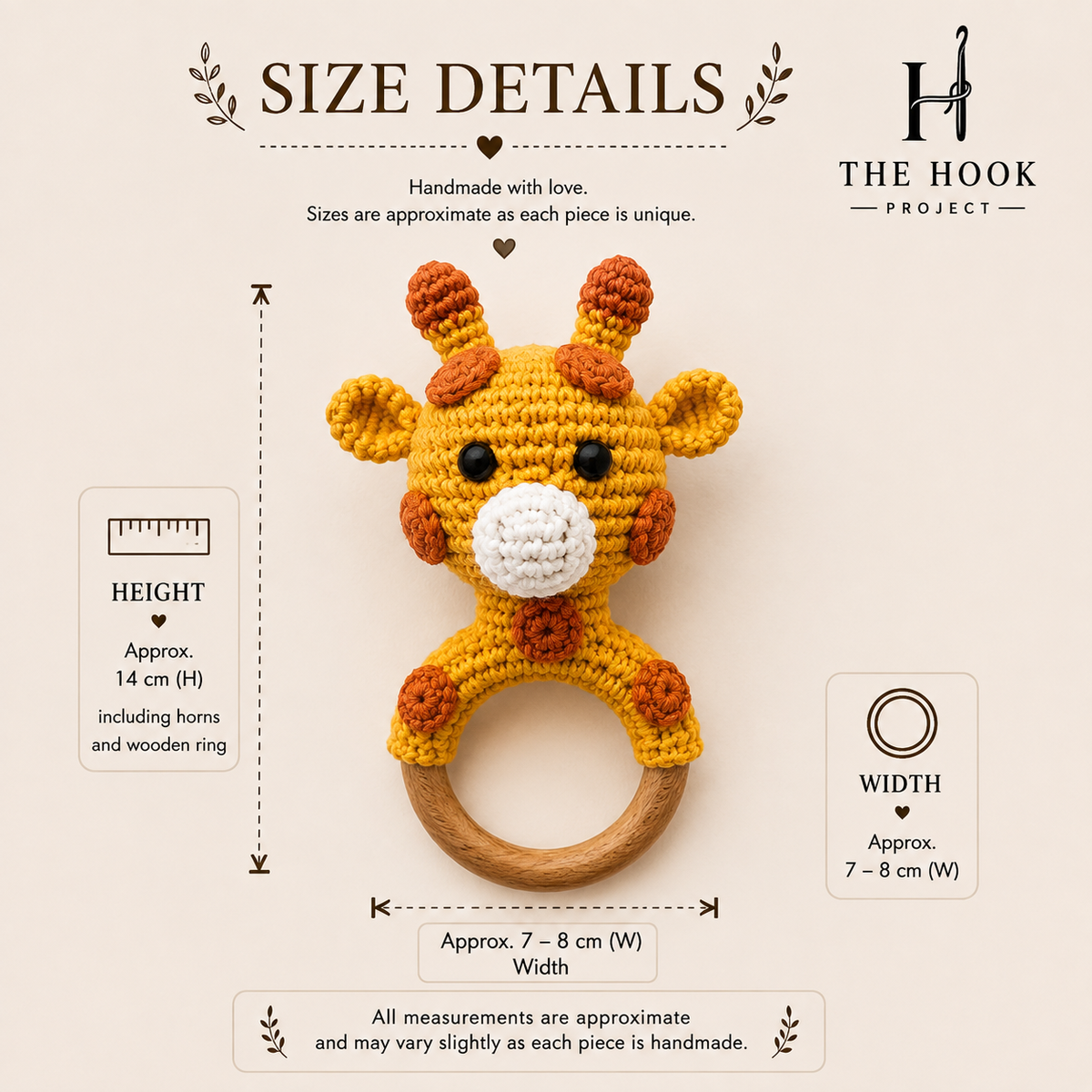 Size details of Pico the Crochet Giraffe handmade baby teether and rattle with natural wooden ring