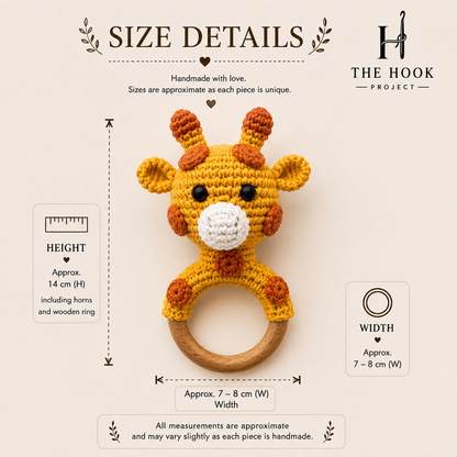 Size details of Pico the Crochet Giraffe handmade baby teether and rattle with natural wooden ring