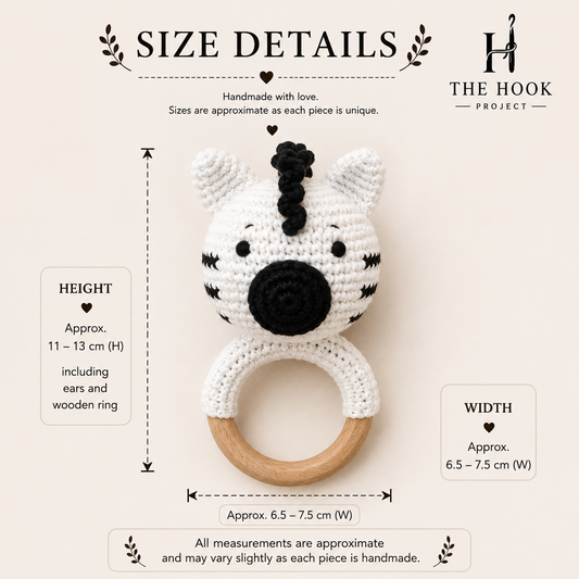 Size details of Zuzu the Crochet Zebra handmade baby teether and rattle with natural wooden ring