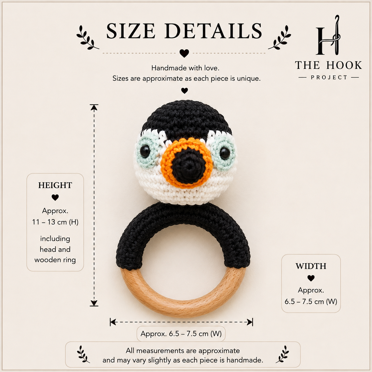 Size details of Pippo the Crochet Puffin handmade baby teether and rattle with natural wooden ring
